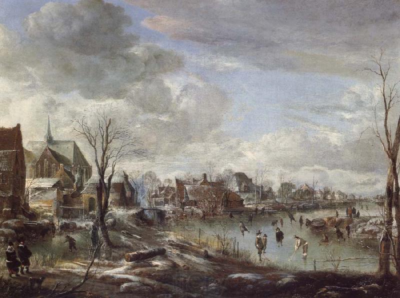 Aert van der Neer A Frozen River Near a Village,with Golfers and Skaters Germany oil painting art
